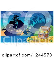 Poster, Art Print Of Pirate Ship At Dusk With A Treasure Chest On An Island