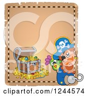 Poster, Art Print Of Pirate Captain And Parrot With A Treasure Chest On A Parchment Page