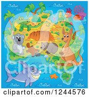 Poster, Art Print Of Map With Australian Animals And Ocean