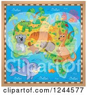 Poster, Art Print Of Map With Australian Animals And A Brown Frame