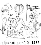 Poster, Art Print Of Black And White Happy Knight Boy With Gear And A Castle