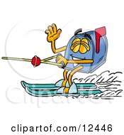 Clipart Picture Of A Blue Postal Mailbox Cartoon Character Waving While Water Skiing
