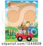 Happy Safari Boy Driving A Jeep Full Of Animals Over A Parchment Page