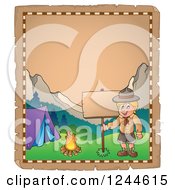 Poster, Art Print Of Happy Camping Boy Scout By A Sign On An Old Parchment Page