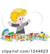 Poster, Art Print Of Blond School Boy Displaying All Of His Supplies