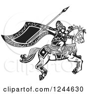 Black And White Woodcut Charging Horseback Viking Valkyrie