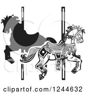 Black And White Woodcut Carousel Horses