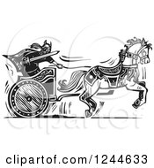 Black And White Woodcut Charging Viking Man In A Horse Chariot
