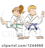 Clipart Of A Sketched Girl And Boy In Karate Royalty Free Vector Illustration