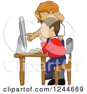 Clipart Of A Sketched Teacher And School Boy Working In A Computer Lab Royalty Free Vector Illustration