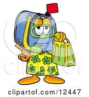 Blue Postal Mailbox Cartoon Character In Green And Yellow Snorkel Gear by Mascot Junction