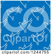 Poster, Art Print Of Seamless Background Pattern Of White Doves On Blue