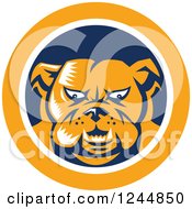 Clipart Of A Retro Woodcut Angry Bulldog In A Blue And Yellow Circle Royalty Free Vector Illustration