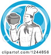Clipart Of A Retro Male Chef Holding A Pot In A Blue Circle Royalty Free Vector Illustration