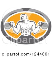 Poster, Art Print Of Retro Male Bodybuilder Working Out With Kettlebells In An Oval