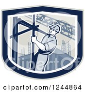 Poster, Art Print Of Retro Male Construction Worker Climbing Scaffolding In A Shield
