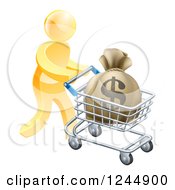 3d Gold Man Pushing A Money Bag In A Shopping Cart
