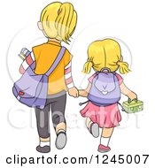 Poster, Art Print Of Rear View Of Blond Sisters Walking To School