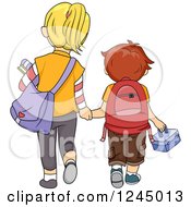 Poster, Art Print Of Rear View Of A Big Sister And Little Brother Walking To School