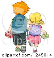 Clipart Of A Rear View Of A Big Brother And Little Sister Walking To School Royalty Free Vector Illustration