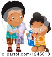 Clipart Of A Jealous Black Boy Eyeing A New Robot Toy That Belongs To His Friend Royalty Free Vector Illustration