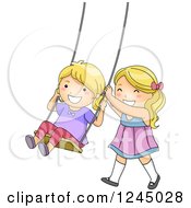 Poster, Art Print Of Happy Blond Girls Playing On A Swing