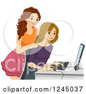Clipart Of Teenage Girls Using A Computer Royalty Free Vector Illustration