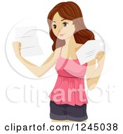 Clipart Of A Brunette Girl Reading A College Application Letter Royalty Free Vector Illustration