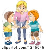 Clipart Of A Woman Encouraging Two Angry Boys To Make Up After A Fight Royalty Free Vector Illustration