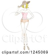 Clipart Of A Sketched Female Model In Short Shorts And A Hat Royalty Free Vector Illustration