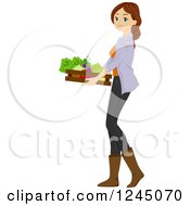 Poster, Art Print Of Young Brunette Woman Carrying A Tray Of Produce