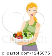 Poster, Art Print Of Happy Blond Woman Holding A Bowl Of Vegetables