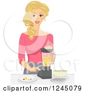 Poster, Art Print Of Happy Blond Woman Mixing Fruit In A Blender