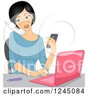 Multitasking Woman Using A Laptop Texting And Talking On A Phone