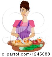 Clipart Of A Brunette Woman Chopping Vegetables Royalty Free Vector Illustration