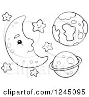 Poster, Art Print Of Black And White Happy Moon With Stars And Planets