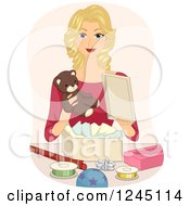 Clipart Of A Blond Woman Gift Wrapping A Teddy Bear Royalty Free Vector Illustration
