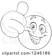 Clipart Of A Black And White Emoticon Holding A Thumb Up Royalty Free Vector Illustration