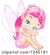 Clipart Of A Happy Pink Female Fairy Hugging Her Knees Royalty Free Vector Illustration