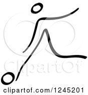 Clipart Of A Black Stick Man Kicking A Soccer Ball 6 Royalty Free Vector Illustration by Zooco