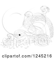 Clipart Of Black And White Happy Children Playing On An Eel Or Snake Water Slide Royalty Free Vector Illustration