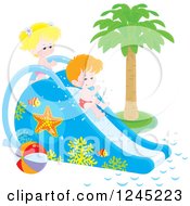 Clipart Of Happy Caucasian Children Playing On A Water Slide Royalty Free Vector Illustration
