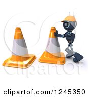 Poster, Art Print Of 3d Blue Road Construction Worker Android Robot With Cones