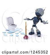 Poster, Art Print Of 3d Frustrated Blue Android Robot Plumber With A Toilet And Plunger