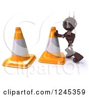 3d Blue Road Construction Worker Android Robot With Cones