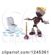 Poster, Art Print Of 3d Frustrated Red Android Robot Plumber With A Toilet And Plunger