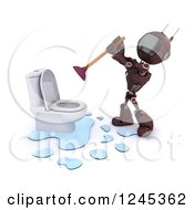 Poster, Art Print Of 3d Red Android Robot Plumber Plunging A Toilet