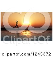 Poster, Art Print Of 3d Silhouetted Woman Jogging Against An Ocean Sunset