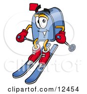 Clipart Picture Of A Blue Postal Mailbox Cartoon Character Skiing Downhill