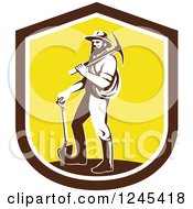Clipart Of A Retro Male Miner Carrying A Pickaxe And Standing With A Shovel In A Shield Royalty Free Vector Illustration by patrimonio